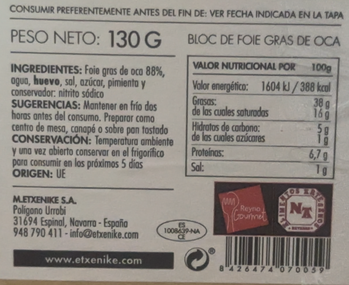 Bloc de Foie Gras de Oca. Etxenike.